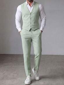 Manfinity Mode Men's Plus-Size Solid Colour Suit Waistcoat And Trouser Set For Weddings, Men's Formal Attire - Green - View 7