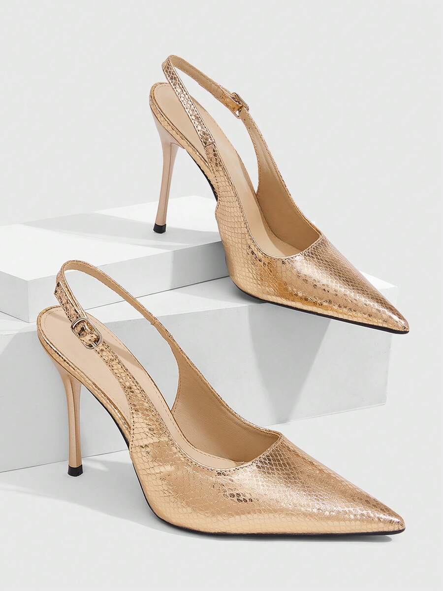 CUCCOO SZL Snake Pointed Back Empty Stiletto Shoes, Metal Buckle, Thin High Heels For Workplace Commuting - Champagne - View 1