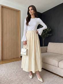 Solavon Rok Midi Liburan Elegan Serbaguna Berlipit Model A-Line Pinggang Tinggi Terbaru - Angsa kuning - View 7
