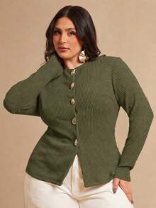 SHEIN BAE Plus Size Women's Casual Solid Color Front Button Top, Spring/Autumn - Army Green - View 4