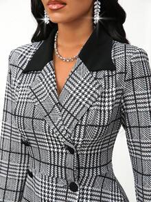 SHEIN Lady Women's Houndstooth Double-Breasted Long Sleeve Pocket Midi Dress - Multicolor - View 6