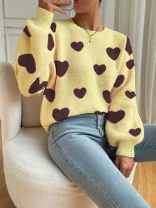 SHEIN PariChic Women's Heart Pattern Drop Shoulder Long Sleeve Loose Casual Sweater - Multicolor - View 6