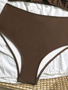 Swim Chiccia Women's Two Pieces Solid Color Slimming Adjustable Strap High-Waist Triangle Bikini Set Set, Elegant For Beach, Holiday, Party, Valentine's Day - Coffee Brown - View 4