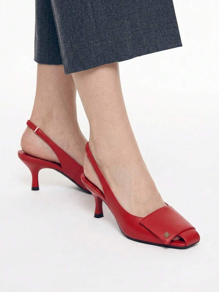 Mnmlis Kitten And Pointed Shoes, Femininity Sexy Square Buckle Back Strap Shoes, Low Vamp Cat And Sandals. - Red - View 1