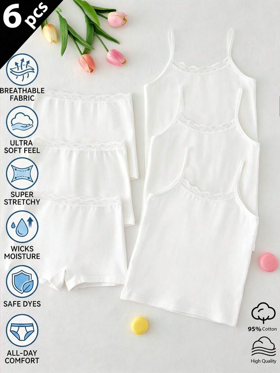6pcs/Set Young Girl' Basic Sweet Minimalist Multi-Color Lace Trim Camisole & Boyshort Underwear Set Girl Cotton Shorts Sets 6t Summer - White - View 1