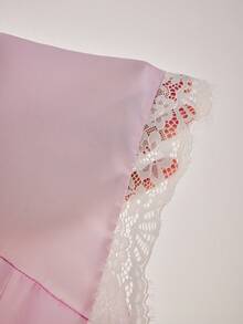 SilkySpell Conjunto de pijama sexy para mujer con encaje patchwork, cuello en V, lazo y satén - Rosa - Ver 6