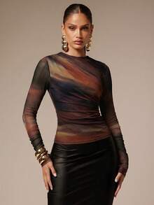 Silquee Top ajustado con estampado tie-dye y fruncido para ir al trabajo - Negro - Ver 6
