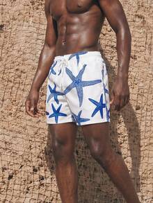 Manfinity KASUA Pantalones cortos de playa con estampado de estrella de mar y cintura con cordón para hombres de talla grande, vacaciones - Azul - Ver 3