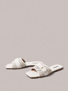 Styleloop Women Shoes Multi-Colored Canvas Splicing Square Toe Flat Bottom Cross Sandals, Simple Casual Style, Suitable For Daily Commuting, Vacation Travel - White 4 - View 5