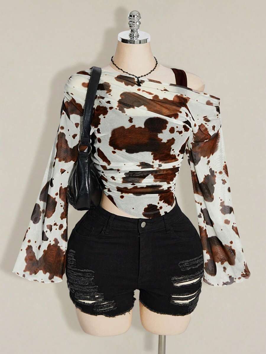 SHEIN ICON 女款大尺碼紮染印花兩件式上衣 - 棕色 - 查看 1