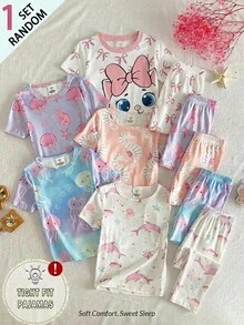 SHEIN 女童休閒簡約修身卡通圖案舒適圓領短袖長褲睡衣套裝，適合春夏，貼身版型，1件裝 - 粉色 - 查看 7