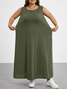 SHEIN CURVE+ 大尺碼女款夏季洋裝，女款度假洋裝，畢業禮服，商務休閒女款洋裝，女款辦公洋裝，新時尚休閒通勤套裝，條紋無袖口袋長洋裝，A字裙，黑白條紋洋裝 - 軍綠色 - 查看 4