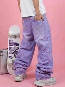 FROVYX Men's Pocket Frayed Hem Wide Leg Loose Casual Jeans, Emo Style - Mauve Purple - View 2