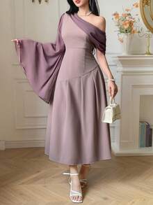 DAZY Women's Elegant Contrast Color Patchwork Bell Sleeve Mid-Length Dress,Formal Women Dresses - Mauve Mist - View 9