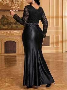 SHEIN Lady Women's Elegant Party Dinner Lace Patchwork Mermaid Dress Wedding Black Autumn - Black - View 2