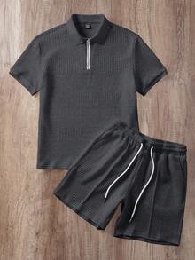 Manfinity Joysei Men's Knitted Jacquard Solid Color Textured Collar & Cuff Ribbed Zipper Polo Set - Dark Grey - View 1