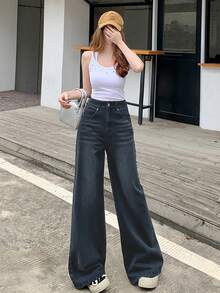 DAZY Women's Front Button Pocket Casual Wide Leg Jeans Pants Low Rise Jeans - Dark Wash - View 2