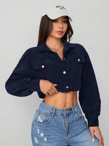 SHEIN PETITE Spring Outfits Drop Shoulder Flap Detail Crop Corduroy Black Jacket In Fall/Winter - Navy Blue - View 6