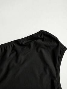 SHEIN 青少年女孩網紗抓皺雙層彈性修身洋裝，休閒優雅不對稱領口、抓皺腰線、長版針織純色洋裝，適合萬聖節派對、開學穿搭、派對與街頭穿著 - 黑色 - 查看 4