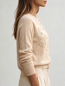 SHEIN Commuter Casual Versatile Gentle Style Pearl Button Embroidered Knit Cardigan Winter Women Loose Soft Long Sleeve Going Out Tops Classy Tops For Women - Apricot - View 5
