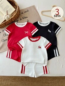 SHEIN 女嬰幼兒新生兒 0-3歲 秋冬春夏休閒風 3色 6件/3套外出套裝 短袖印花上衣與短款印花褲，舒適衣著適合戶外活動 - 彩色 - 查看 7