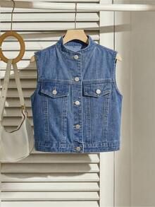 SHEIN Teen Girls Fashion Distressed Denim Jacket, Casual Versatile Denim Jacket Denim Vest, Suitable For School, Campus, University, Daily, Party, Travel, Airport Wear, Suitable For Spring And Summer. - Medium Wash - View 4