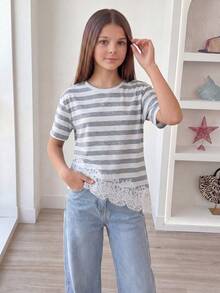 Elladie kids 青少年女孩條紋對比蕾絲不對稱下擺T恤 - 灰色 - 查看 5