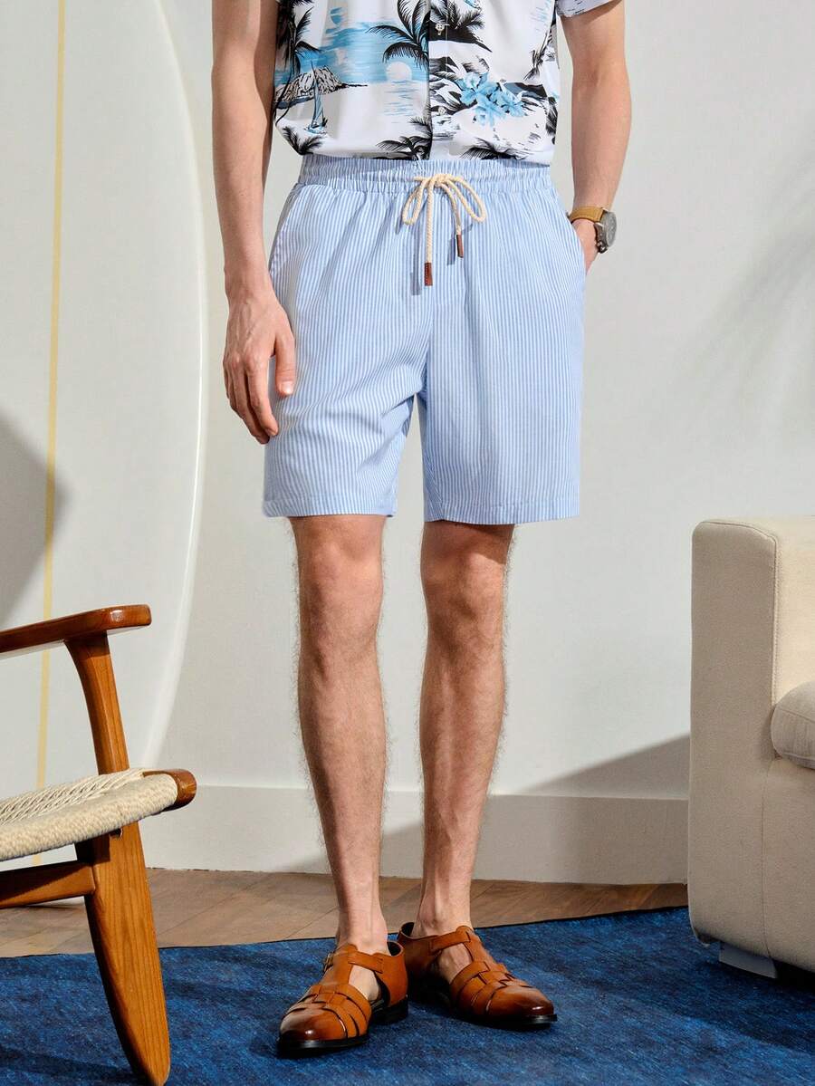 VeloEdit Pantalones cortos casuales de hombre con estampado de rayas y cordón en la cintura, adecuados para vacaciones de verano y uso diario - Multicolor - Ver 1