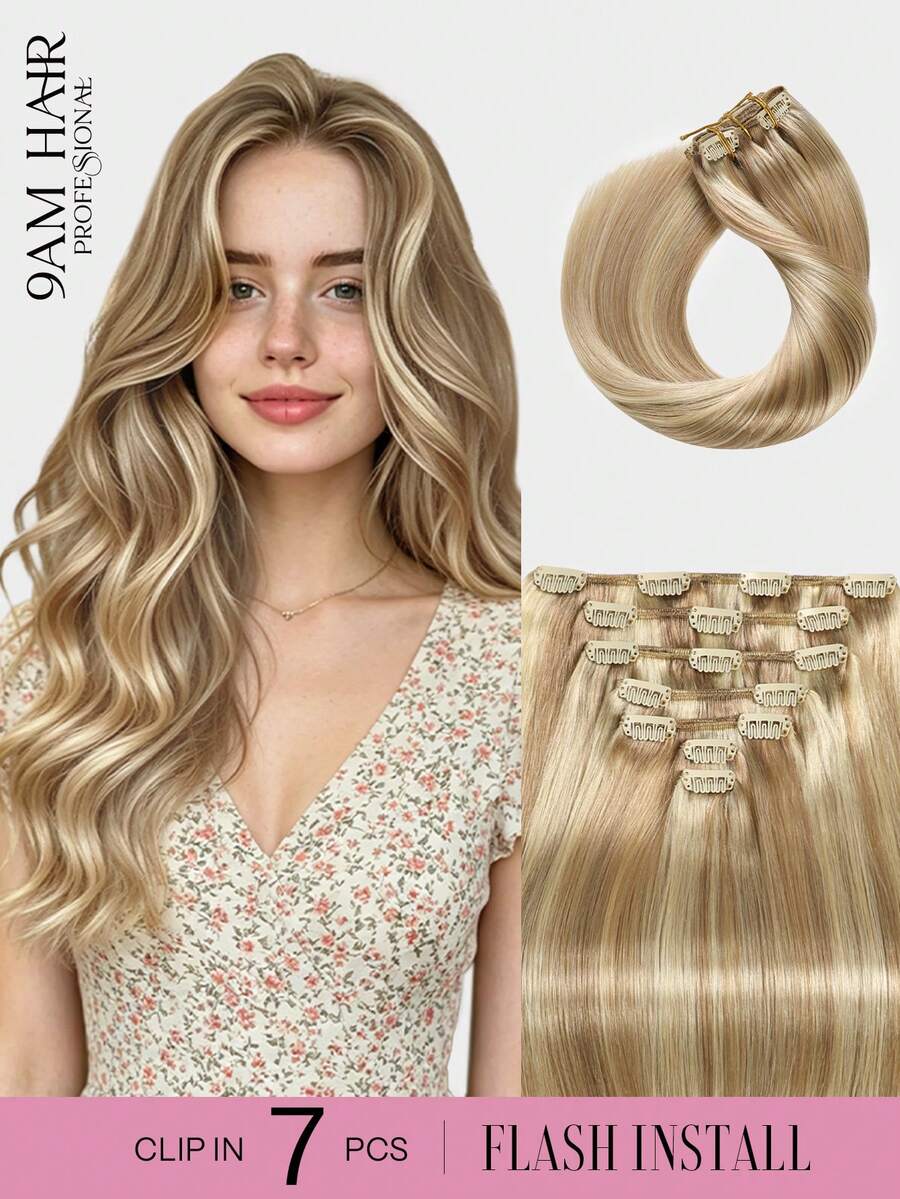 7片裝 110-120g 20英吋 Remy 真人髮夾式接髮 #18/613 灰金色挑染金髮 自然長髮用接髮片 - S18/613 - 查看 1