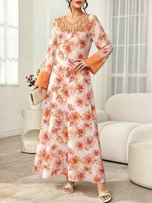 SHEIN Najma 復古橘色花卉領口仿刺繡印花女款時尚V領長袖花卉洋裝，花卉圖案淺粉色優雅長裙，橘色拼接袖口設計，舒適女裝適合春夏季 - 彩色 - 查看 4