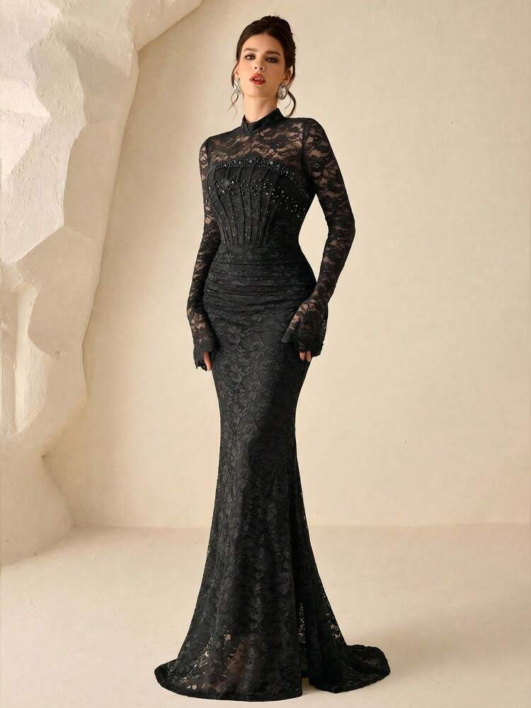 Coutiva High-End Evening Gown, Elegant Elegant, Luxury Lace & Beaded Embellishment, Sophisticated Party Dress - Black - View 3