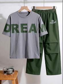 SHEIN 青少年男孩字母印花短袖T恤與口袋長褲休閒日常套裝 - 灰色 - 查看 10