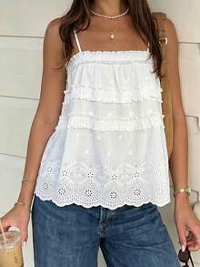 Cévolie Damen Sommer Top mit lockerem Saum, platziertem Blumenmuster und Rüschenbesatz - Weiss - Übersicht 6