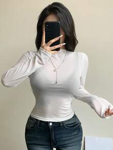 DAZY Autumn/Summer Sheer White Base Layer Semi-High Neck Shiny T-Shirt, Long Sleeve Elegant Casual Women's Top For Wedding, Banquet, Party - White - View 2