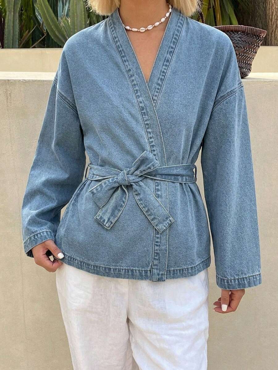 Livesso 夏秋款女款 V 領長袖綁腰藍色純色寬鬆和服風棉質休閒牛仔上衣 - 藍色 - 查看 1
