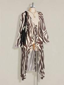 SHEIN ICON 女款大尺碼斑馬紋V領休閒百搭日常上衣 - 棕色 - 查看 10