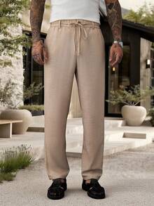 Manfinity Homme Men's Solid Color Drawstring Waist Casual Versatile Daily Travel Long Pants - Khaki - View 4