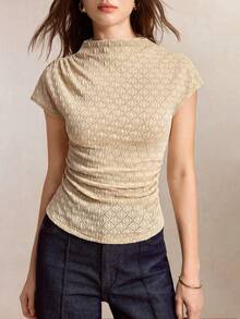 BizChic Apricot T-Shirt With Shoulder Sleeves And Diamond Pattern, Office Commute Business - Apricot - View 3