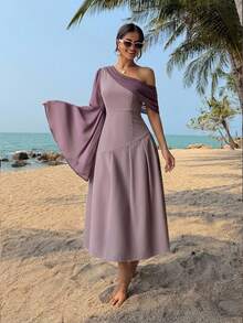DAZY Women's Elegant Contrast Color Patchwork Bell Sleeve Mid-Length Dress,Formal Women Dresses - Mauve Mist - View 10