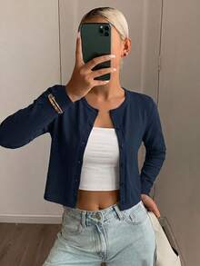DAZY Women's Solid Color Round Neck Casual Long Sleeve Loose Open Front T-Shirt,Fall Clothes - Blue - View 9