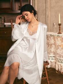Côtesoire French Elegant Sexy Lace Patchwork Comfortable Satin Camisole Mini Nightgown And Tie-Front Robe Women's Sleepwear Set - White - View 6