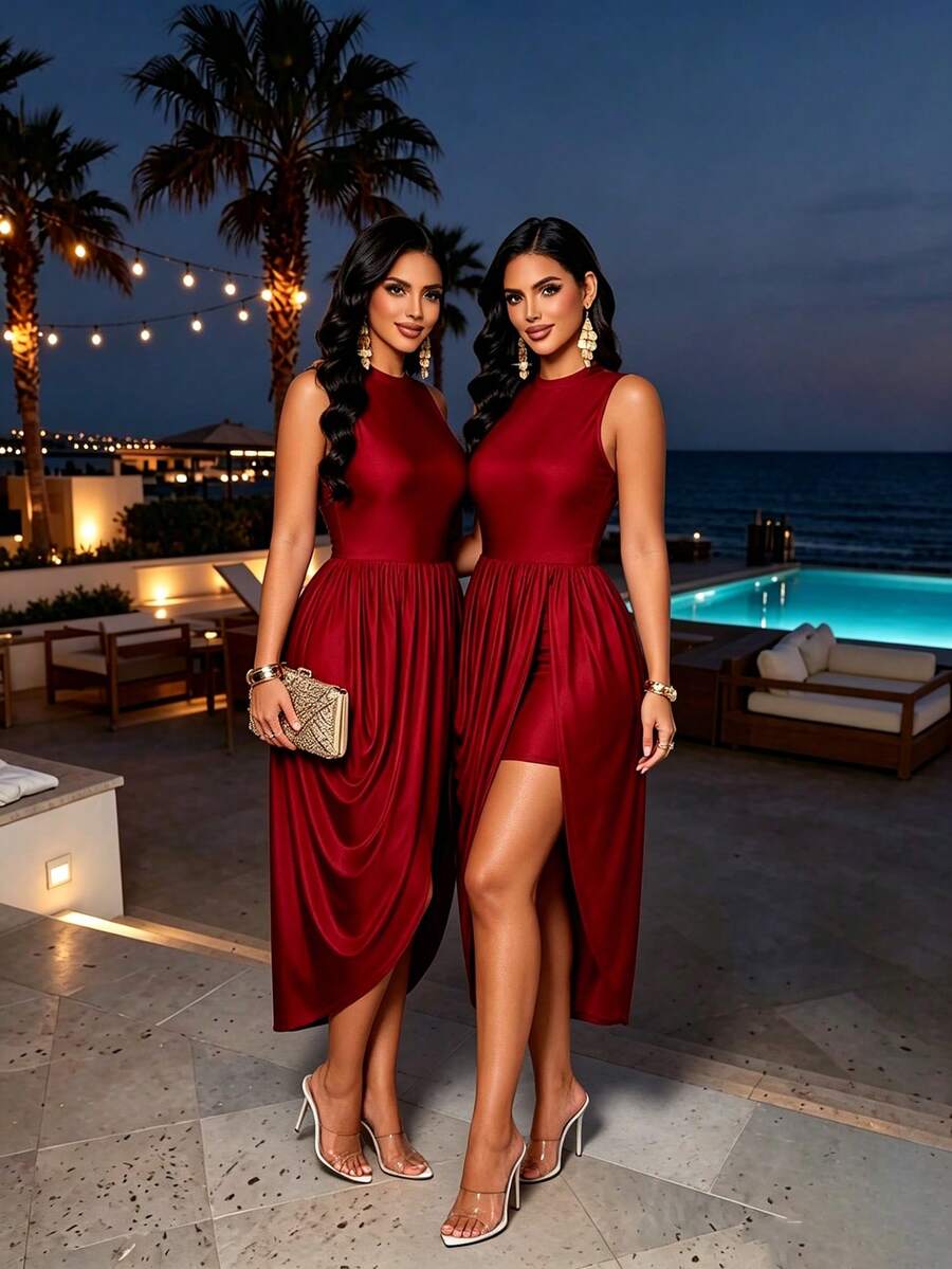 SOLERSUN Spring/Summer Women's Wear: Elegant And Charming, Perfect For Parties And Gatherings. Stretch Knit Fabric, Sleeveless, Stand Collar, Fitted, Front Slit, Gathered, Asymmetrical Hem, Midi Dress. - Burgundy - View 1