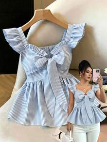 GlowEve Stylish Blue Striped Woven Peplum Blouse For Women With Sweetheart Neckline And Flutter Sleeve,Summer Commuting - Blue and White - View 3