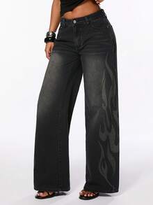 ROMWE Street Life Women's Denim Jeans Long Pants Flame Rune Print Black Street Old School Distressed Faded Cat Whisker - Black - View 1