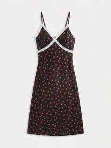 lacRébo Schwarzes Blumen-Polka-Dot-Spaghettiträger-Kleid in Knielänge mit weißem Spitzenbesatz und Bustier-Design - Schwarz - Übersicht 6