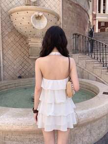 Skyraze White Multi-Layer Ruffle Collar Mini Dress,Summer Elegant Women Vacation Outfits,Chiffon Party Wedding Guest Graduation Date Dress,Boho Beach Wear - White - View 2