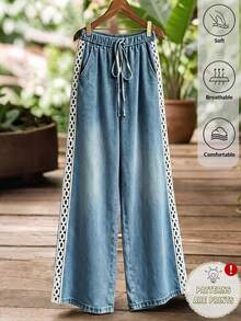 Elouméa Women's Autumn Casual Denim Effect Print Fabric Patchwork Lace Trim Long Pants, Suitable For Daily Wear, Home, Outings And Walking - Blue - View 1