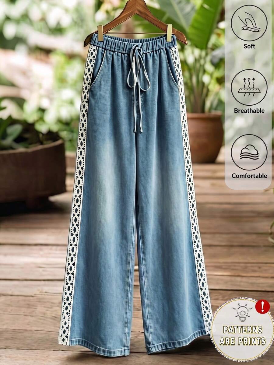 Elouméa Women's Autumn Casual Denim Effect Print Fabric Patchwork Lace Trim Long Pants, Suitable For Daily Wear, Home, Outings And Walking - Blue - View 1