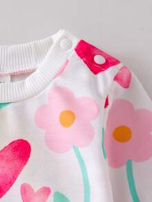 SHEIN Playful Pals 嬰兒幼兒休閒日常可愛運動衫套裝 粉色花卉印花俏皮上衣 針織內搭褲 女嬰秋季服飾 - 粉色 - 查看 7