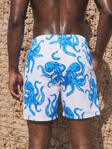 CoralVoy Men's Elastic Waist Drawstring Casual Fully Allover Print Octopus Pattern Beach Shorts, Summer - White - View 2